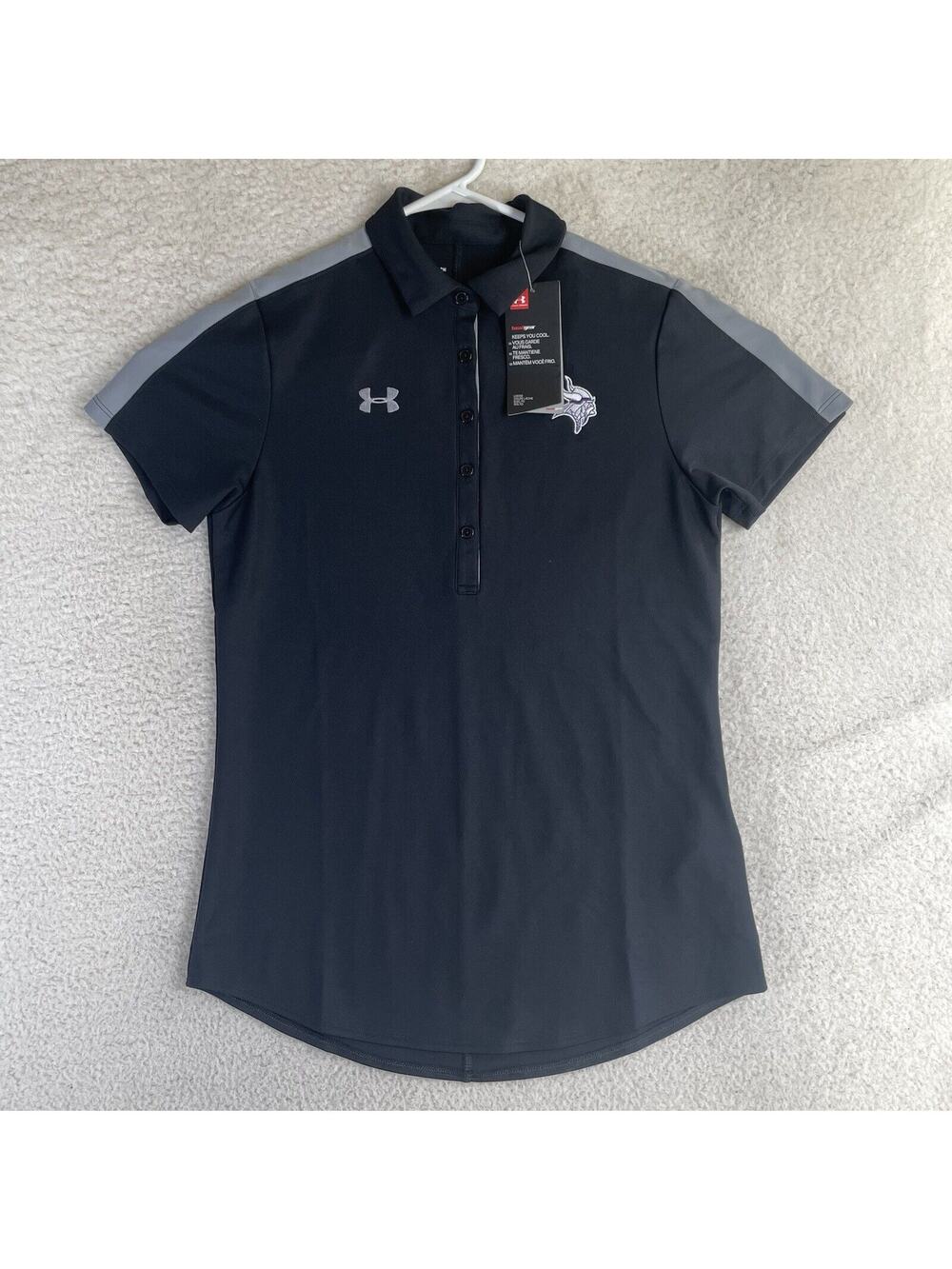 NWT Under Armour Polo Shirt Womens Small Black Viking Logo Golf Loose Fit NEW